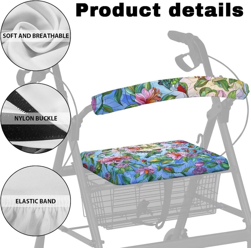 Vanideaoty Hummingbird Floral Rollator Seat Cushion Back Bar Cover Set Rollator Walker Seat Back Covers Stretchable Material Protection Decor Suitable for Parks - Image 5